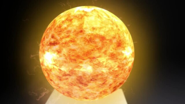 Sun spinning with sun storms and solar explosions on a white pedestal. Camera panning back. 3D rendered in 4K.