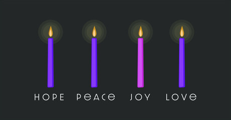 The four purple and pink  candles of Advent season symbolize hope, peace, love, and joy. 