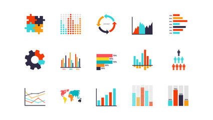 Infographics analysis chart. Modern presentation diagram objects, analytics workflow visualization, timeline and flowchart elements collection, structure progress and process vector set