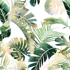Fototapety  Seamless floral pattern with tropical leaves on summer background. Template design for textiles, interior, clothes, wallpaper. Watercolot illustration.  Botanical art
