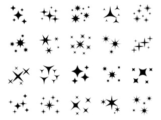 Shiny sparks silhouettes. Stars black shapes, holiday party decor, glowing shiny effect symbols, xmas magic graphic signs, shimmer festive decoration, flat vector isolated set