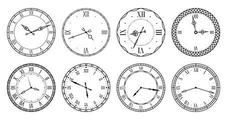 Retro clock face. Antique elegant dial with roman numerals collection, vintage round watches with carved hands and ornaments frames, stylized interior decor vector isolated set