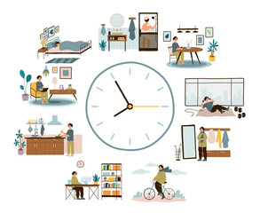 Man daily schedule. Lifestyle activities temporal distribution. Guy life day, round clock planning time, different everyday situations, relax and work, walking and sport vector concept