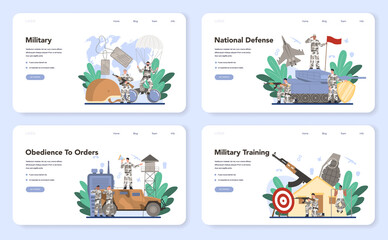 Naklejka na ściany i meble Soldier web banner or landing page set. Millitary force employee