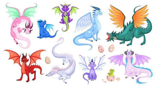 Fairy dragons. Fantasy colorful creatures, medieval magic fairy tails animals, fire-breathing mythical reptiles, flying dinosaurs. Childish collection for design cartoon vector set