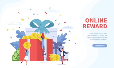 Online reward landing page. Tiny people receives different gift boxes for good job corporate offer, digital referral program web banner. Loyalty program and bonus flat vector concept