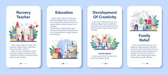 Kindergartener mobile application banner set. Professional nany