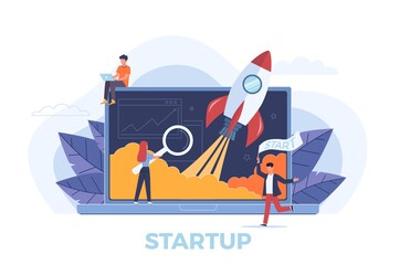 Fototapeta na wymiar Startup. Rocket launch metaphor, people presentation new business project start up on laptop, development products, marketing company, creative idea and innovation symbol vector concept