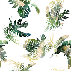 Seamless floral pattern with tropical leaves on summer background. Template design for textiles, interior, clothes, wallpaper. Watercolot illustration.  Botanical art