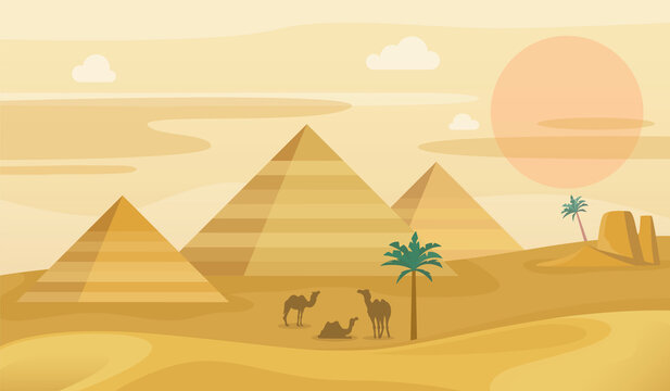 Egypt desert landscape. Egyptian pyramids with camels, African sand dunes panorama, sahara sunset, palm trees and mountains. tourism and travel illustration vector horizontal background