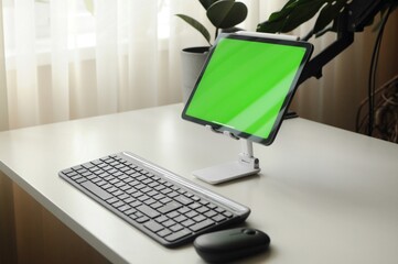Tablet on stand with keyboard and mouse. Minimalism interior with homeplants