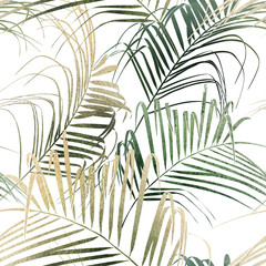 Naklejki  Seamless floral pattern with tropical leaves on summer background. Template design for textiles, interior, clothes, wallpaper. Watercolot illustration.  Botanical art
