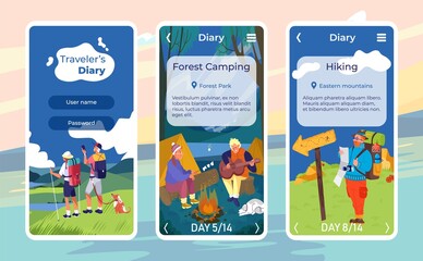 Travel diary design, vector illustration. Vacation landscape nature at mobile app banner set, people at outdoor summer camp. Web business background concept, flat adventure journey.