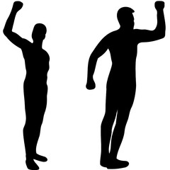 A gesture of protest. The silhouette of a man stands erect with his right hand raised and his fist clenched. Black rebel vector on white background isolated.