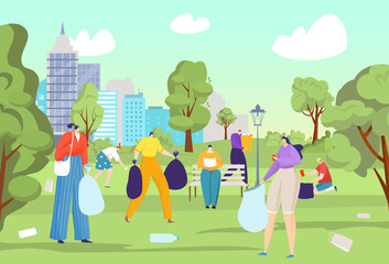 Clean up park from garbage, vector illustration. City environment ecology, volunteer community work with flat trash at nature. Woman man character tidy up cartoon rubbish together concept.