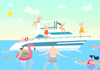 Summer boat travel at vacation, people at ocean yacht cruise vector illustration. Luxury ship party at sea, man woman character happy holiday leisure. Fun tourism trip in cartoon water.