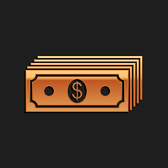 Gold Paper money american dollars cash icon isolated on black background. Money banknotes stack with dollar icon. Bill currency. Long shadow style. Vector.