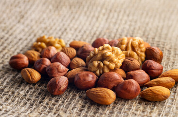 Hazelnuts, walnuts, and almonds lie on a factory-made sackcloth. Nuts are a high-calorie and healthy product.