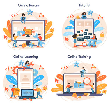 Web programming online service or platform set. Coding, testing