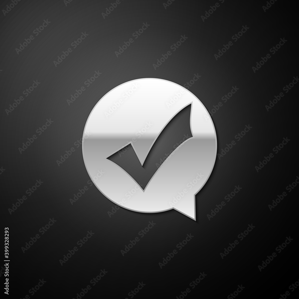 Poster silver check mark in circle icon isolated on black background. choice button sign. checkmark symbol.