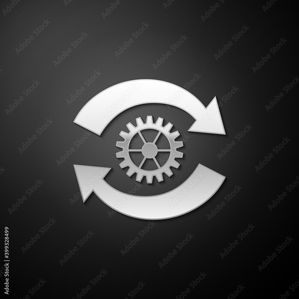 Poster silver gear and arrows as workflow concept icon isolated on black background. gear reload sign. long