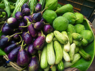 Heap of fresh brinjal or eggplant, cucumber and papaya vegetables in a wicker basket for selling on the market.