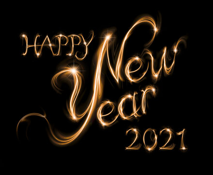 Happy New Year 2021, lettering on black background, digital illustration