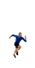 Fototapeta na wymiar Flyer. Caucasian professional jogger, runner training isolated on white studio background. Muscular, sportive man, emotional. Concept of action, motion, youth, healthy lifestyle. Copyspace for ad.