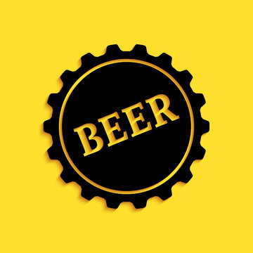 Black Bottle cap with beer word icon isolated on yellow background. Long shadow style. Vector.