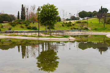 Fototapeta na wymiar Madrid, Spain- December 14, 2020: Reflections in the water of an outdoor park in winter