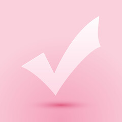 Paper cut Check mark icon isolated on pink background. Tick symbol. Paper art style. Vector.