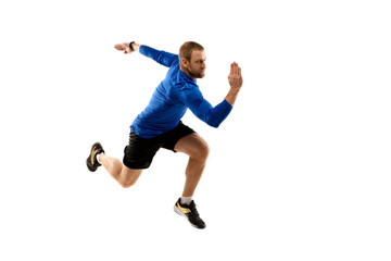 Power. Caucasian professional jogger, runner training isolated on white studio background. Muscular, sportive man, emotional. Concept of action, motion, youth, healthy lifestyle. Copyspace for ad.