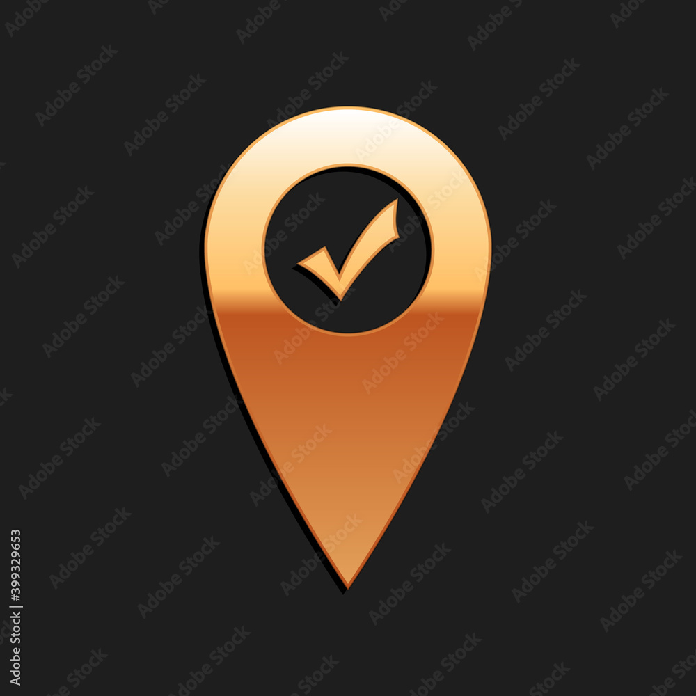 Poster gold map pointer with check mark icon isolated on black background. marker location sign. tick symbo
