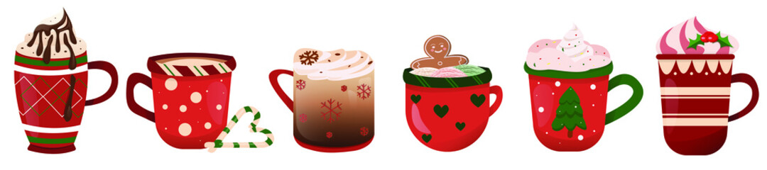 Set of winter holiday christmas cup with hot drink. A mugs of coffee for the holiday of Christmas. Cocoa with marshmallows, winter warming drinks and a cup of hot espresso. Vector illustration