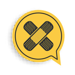 Black Set Bandage plaster icon isolated on white background. Medical plaster, adhesive bandage, flexible fabric bandage. Yellow speech bubble symbol. Vector.
