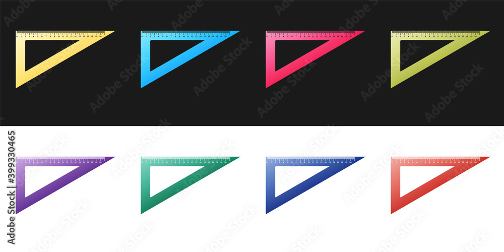 Poster set triangular ruler icon isolated on black and white background. straightedge symbol. geometric sym