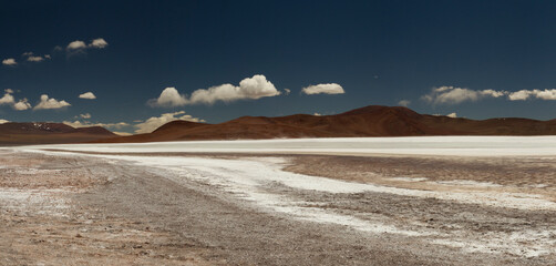 Natural salt fields in the cordillera. Panorama view of the white salt flats and brown mountains in La Rioja, Argentina. 