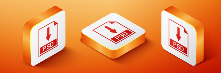 Isometric PSD file document icon. Download PSD button icon isolated on orange background. Orange square button. Vector.