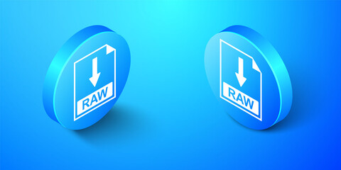 Isometric RAW file document icon. Download RAW button icon isolated on blue background. Blue circle button. Vector.