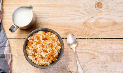 Healthy clean food, diet and fitness nutrition. Balanced nutrition, healthy breakfast concept. Homemade muesli and granola ingredients on table, top view
