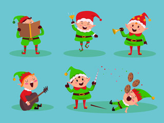 Caroling kids set. Children sing Christmas songs and carols in funny green costumes. Vector illustration
