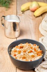 Healthy clean food, diet and fitness nutrition. Balanced nutrition, healthy breakfast concept. Homemade muesli and granola ingredients on the table. Close-up, selective focus