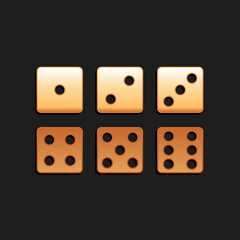 Gold Set of six dices icon isolated on black background. Long shadow style. Vector.