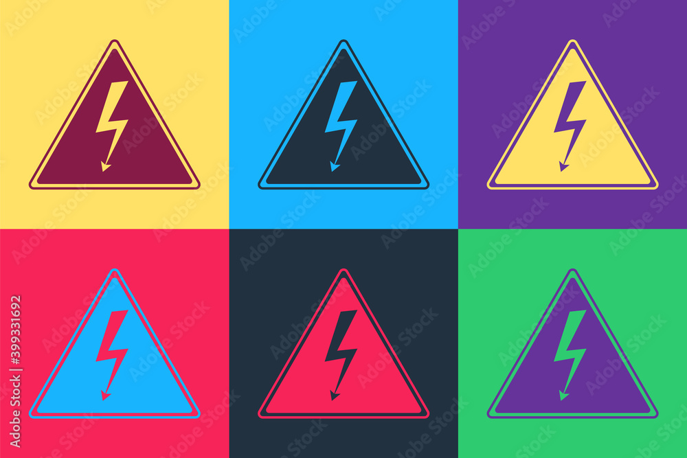 Poster pop art high voltage sign icon isolated on color background. danger symbol. arrow in triangle. warni