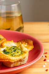Homemade quiche with organic vegetarian recipes egg broccoli spinach gouda cheddar cheese serving in mini pie tart as a party savory food appetizer