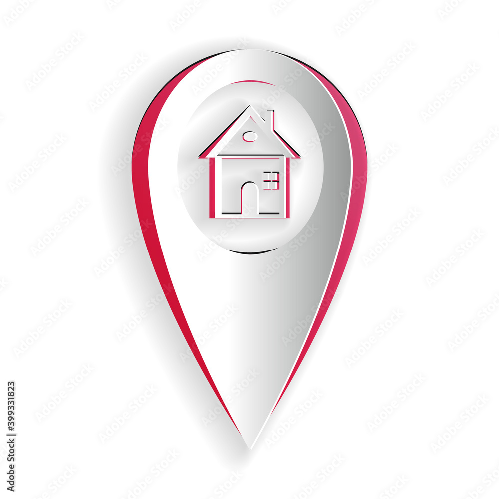 Poster paper cut map pointer with house icon isolated on white background. home location marker symbol. pap