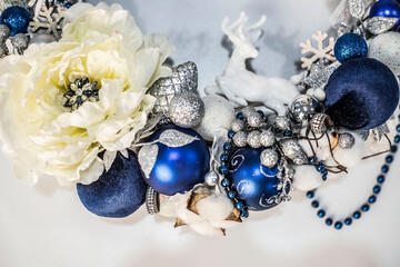 top view of christmas, holiday decor with christmas tree decorations isolated on white background
