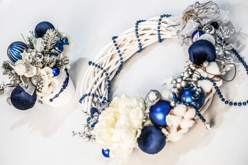 top view of christmas, holiday decor with christmas tree decorations isolated on white background