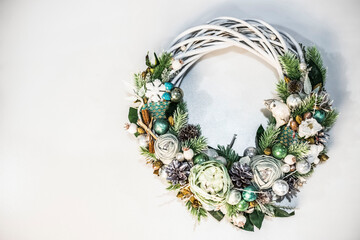 top view of christmas, holiday decor with christmas tree decorations isolated on white background