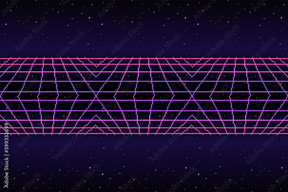 Poster vector pixel art of 80s retro sci-fi background. pixel art background. 8bit 8 bit